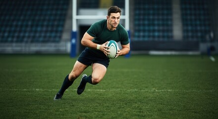 Intense rugby action, athletic male rugby player on field, sports competition concept, dynamic movement capture