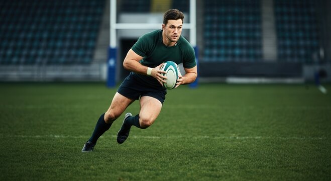 Intense rugby action, athletic male rugby player on field, sports competition concept, dynamic movement capture