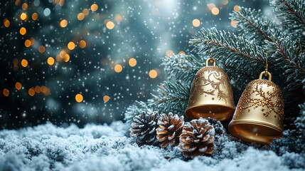 Golden Christmas Bells and Pine Cones on a Snowy Background
