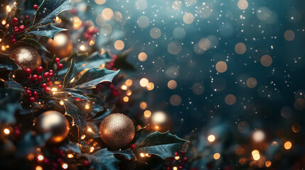 Christmas Decorations with Golden Baubles and Holly Leaves on a Sparkling Background