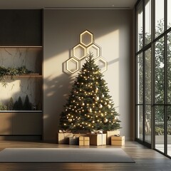 Cozy modern living space featuring a beautifully decorated Christmas tree adorned with warm lights and surrounded by festive presents, creating a cheerful holiday atmosphere.