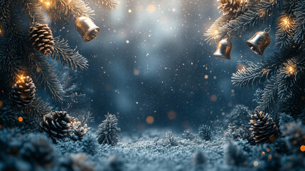 Christmas Golden Bells with Pinecones and Festive Decorations on Blue Background