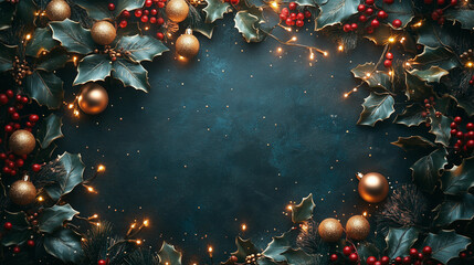 Elegant Christmas Wreath with Golden Ornaments and Holly Leaves on a Blue Background
