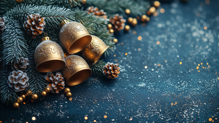 Christmas Golden Bells with Pinecones and Festive Decorations on Blue Background