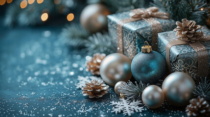 Christmas Gift Boxes with Festive Decorations on Blue Background