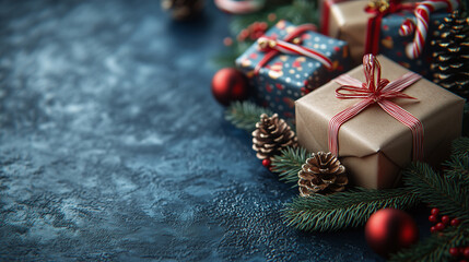Christmas Gift Boxes with Festive Decorations on Blue Background