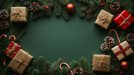 Christmas Green Frame with Festive Ornaments and Gifts