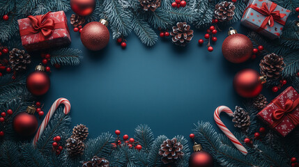 Festive Christmas Frame with Red and Blue Decorations