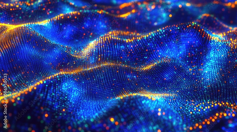 Poster dynamic digital data backdrop. fluid waves of sound in a vivid blue hue