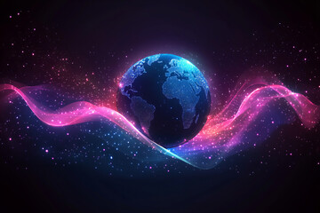Neon digital world map with glowing global network connections, futuristic technology design, and vibrant data visualization elements