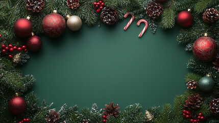 Christmas Green Frame with Festive Ornaments and Gifts