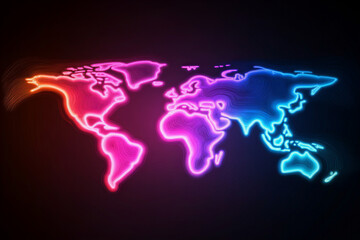 Neon digital world map with glowing global network connections, futuristic technology design, and vibrant data visualization elements