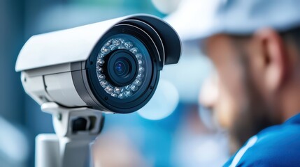 A close-up of a security camera with a blurred figure in the background, emphasizing surveillance technology.
