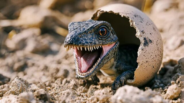 A small, dark-scaled dinosaur is shown hatching from a broken beige egg