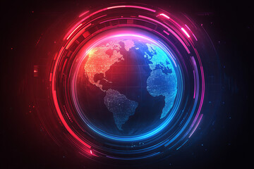 Neon digital world map with glowing global network connections, futuristic technology design, and vibrant data visualization elements