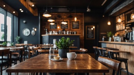 Fototapeta premium Blurred coffee shop interior with empty wooden table