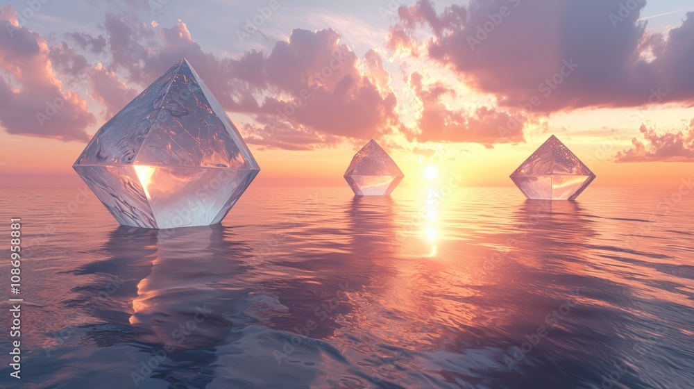 Poster surreal landscape with transparent geometric shapes floating on calm water at sunset with vibrant co