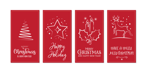 Christmas and happy new year greeting cards red coloured background. Four Vector Illustrations postcards with lettering calligraphy decorative ornament elements