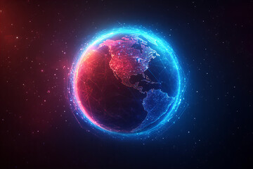 Fototapeta premium Neon digital world map with glowing global network connections, futuristic technology design, and vibrant data visualization elements