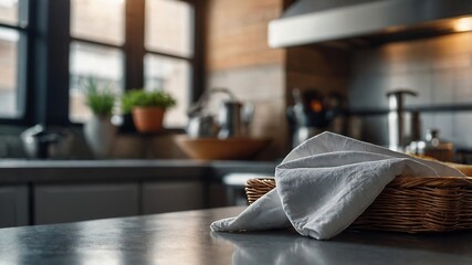 Blurred kitchen background with napkin and empty space