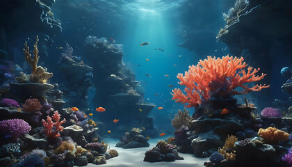 Fototapeta premium Underwater Fantasy World with Glowing Coral, Mythical Creatures, and Deep Blue Water, High Detail.