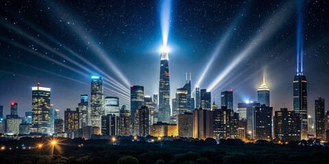 Minimalist Nighttime Cityscape with Two Spotlights Illuminating the Skyline, Capturing the Essence of Urban Serenity and Modern Architecture Under a Starry Sky