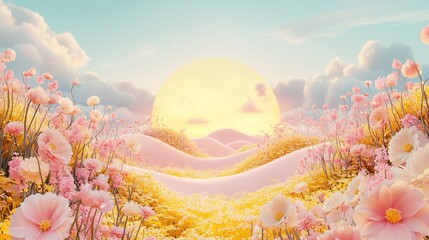 Serene Landscape of Gentle Rolling Hills Covered in Colorful Blossoming Flowers Under Soft Sunlight and Dramatic Cloudy Skies at Dawn