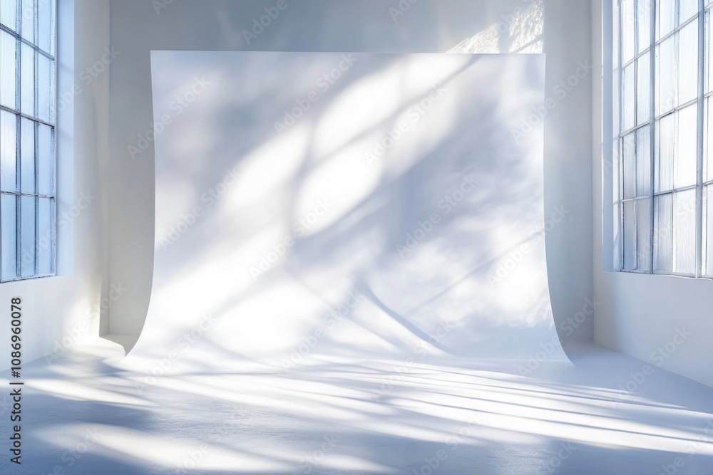 Poster minimalist white studio space. ideal background for product display with subtle shadows and blurred 