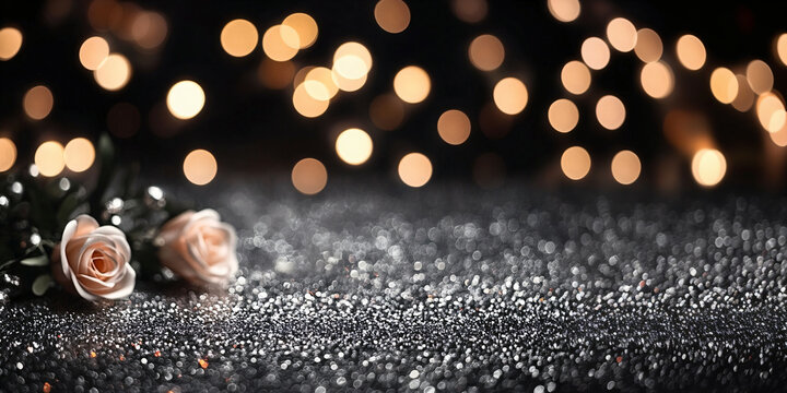 Abstract black glitter dust background with bokeh with pink reses. Luxury product pedestal banner  template for new year or christmas party or event with place for text