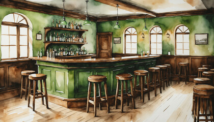 Obraz premium A cozy Irish pub decorated for St. Patrick's Day with a warm atmosphere, wooden bar, stools, and green accents inviting guests to celebrate the festive occasion