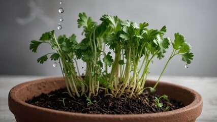 Cilantro sprouts growing in a clay pot