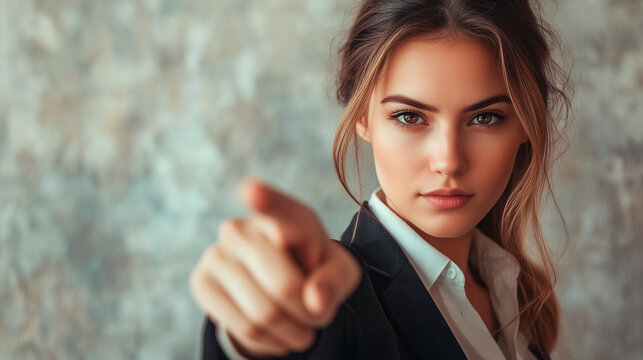 Young Businesswoman pointing her finger at camera. We want you! Making a choice concept. 