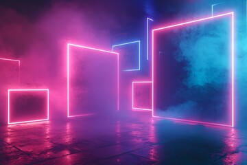 Vibrant Neon Frames in a Foggy Atmosphere