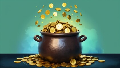 A colorful watercolor illustration featuring a pot of gold overflowing with coins, symbolizing luck and prosperity during St. Patrick's Day festivities