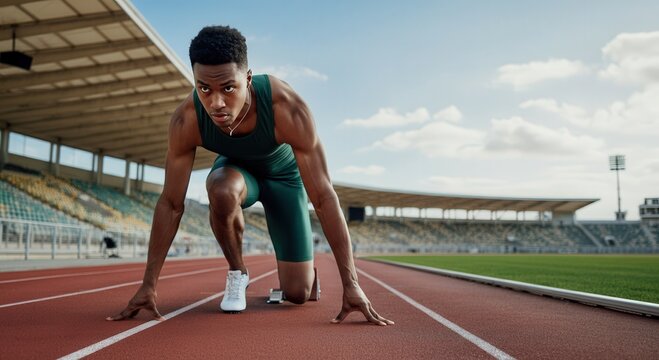 African-american sprinter prepares for race on professional track in stadium