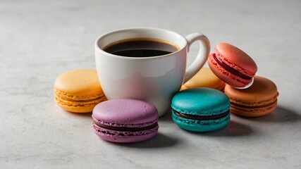 Obraz premium Colorful macaroons and coffee with mug on white
