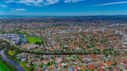 Panoramic aerial drone view of western Sydney Suburbs of Canterbury Burwood Ashfield Marrickville...