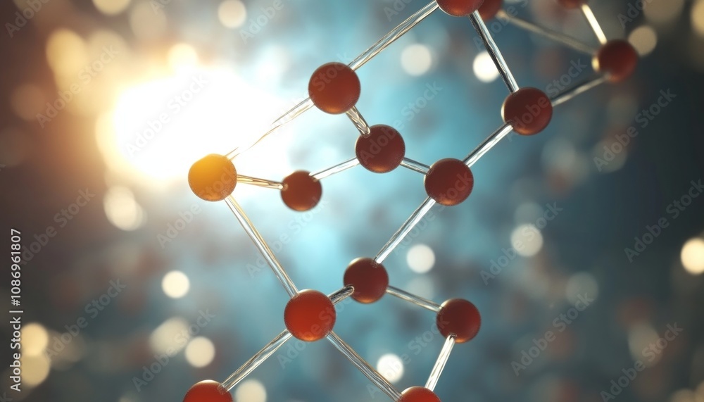 Poster molecular structure, abstract scientific background with a 3d render of atoms and bonds.