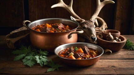Copper pot of venison goulash with antler decor