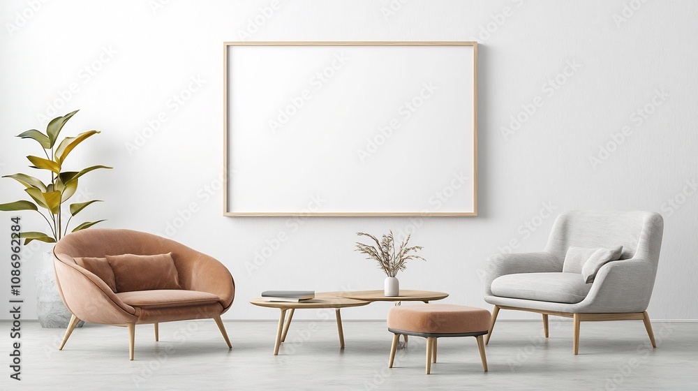 Poster elegant and minimalist living room interior with an empty iso a sized frame mockup displayed on the 