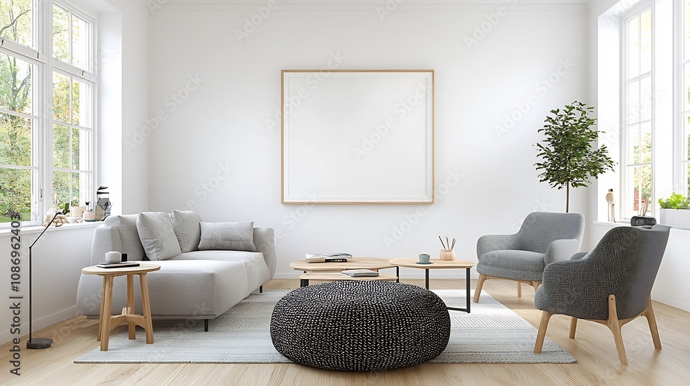 Poster cozy and minimalist scandinavian styled living room with a poster frame mockup displayed on a light 