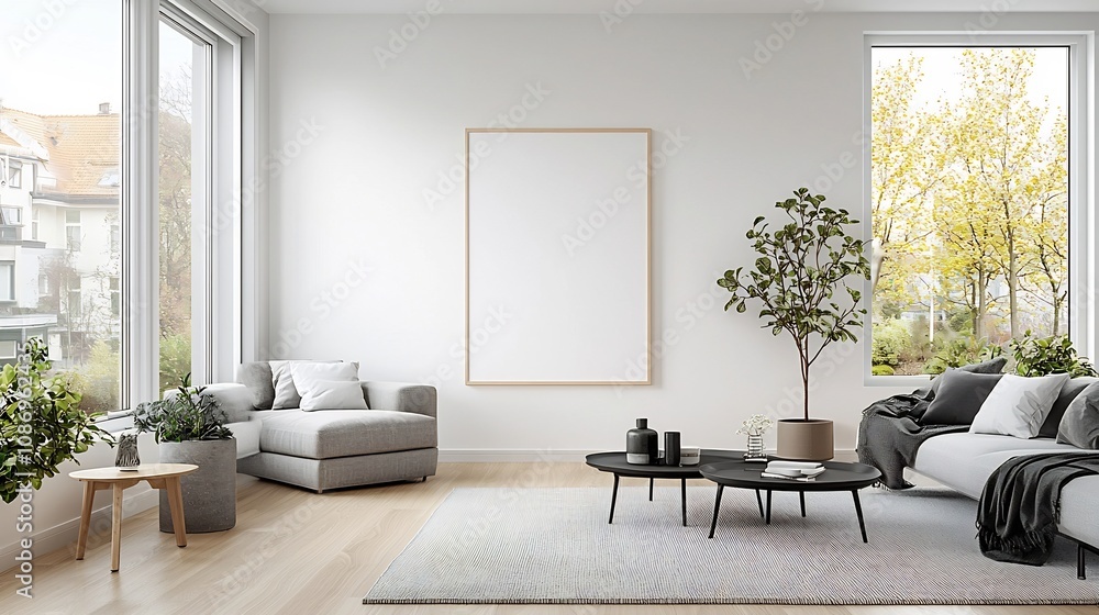 Poster cozy and inviting scandinavian style living room with a poster frame mockup displayed on a light neu