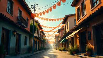 Fototapeta premium A Captivating Scene of Idria Lace Gracefully Connecting Urban Buildings with Powerlines in a Sunlit Street