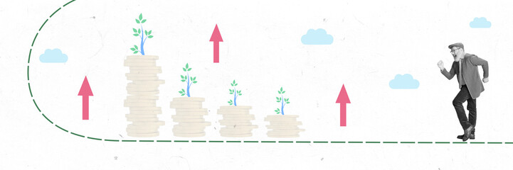 Elderly man and progression of growing stacks of coins with plant sprouts and arrows symbolizing increasing retirement savings. Contemporary art collage. Concept of retirement programs, support, care