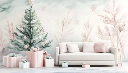 Modern watercolor living room with minimalist tree, wrapped gifts, and soft holiday ambiance in pastel colors