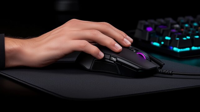 A hand uses a black gaming mouse with a purple glow on a black mousepad, next to a keyboard