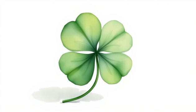 A beautiful watercolor illustration capturing a vibrant green four-leaf clover symbolizing good luck during St. Patrick's Day celebrations, set against a bright white background