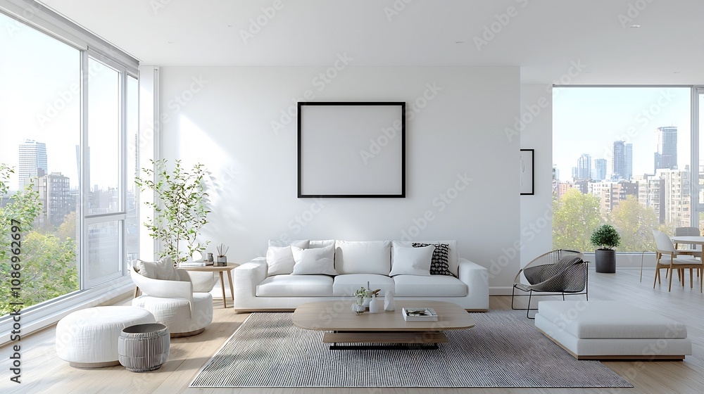 Poster bright and inviting living room with an empty frame mounted on the wall above a comfortable sofa dec