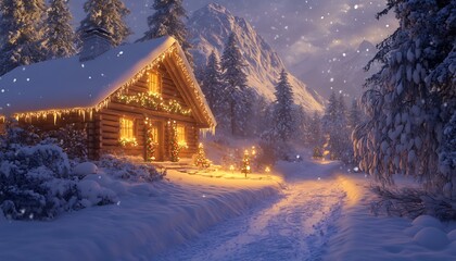 Fototapeta premium Mountain cabin covered in snow, with warm holiday lights and a snow-dusted path leading to the door
