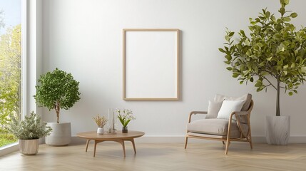 Stylish and modern 3D rendered interior of a living room with a minimalist empty picture frame mockup in standard A series paper size displayed on the clean white wall